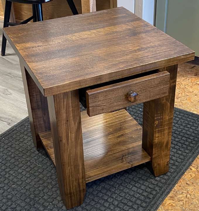Wormy Maple Dakota End Table with Drawer & Shelf